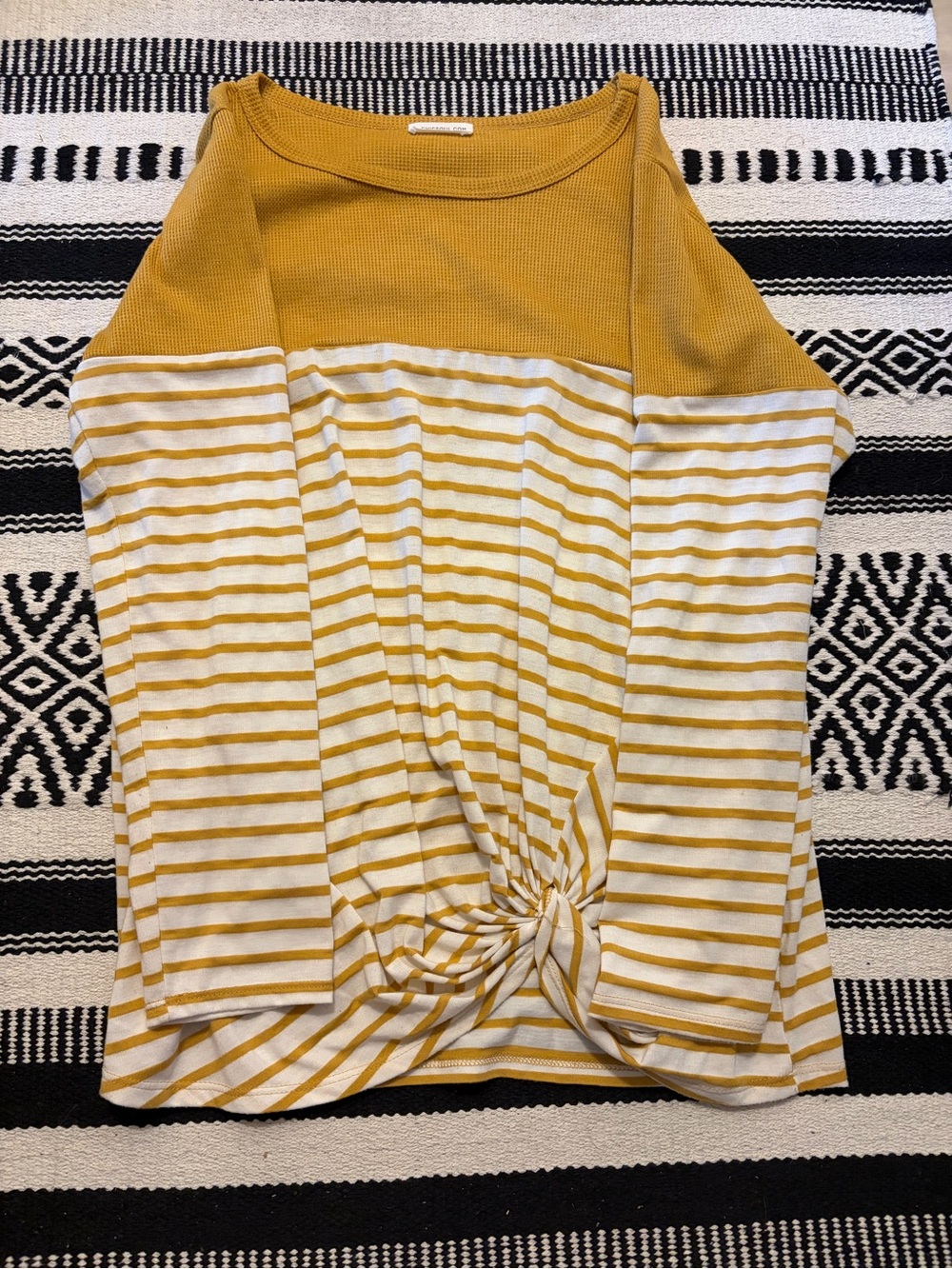 Chic Soul Mustard and White Striped Knot-Front Long Sleeve Top